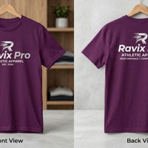 Custom Plum Purple Athletic T-Shirt with Logo Print – front and back view, custom manufactured by Ravix Pro Industry, Sialkot