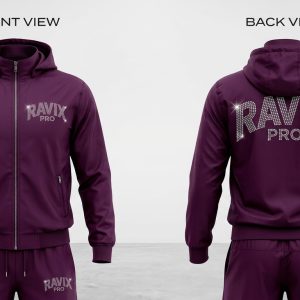 Custom Plum Hooded Tracksuit with Distressed Print – front and back view, custom manufactured by Ravix Pro Industry, Sialkot