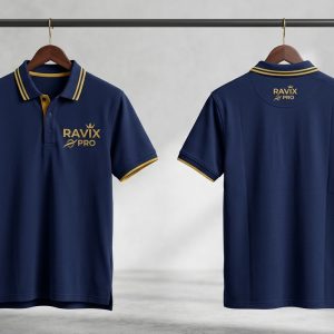 Custom Navy Polo with Gold Tipping – front and back view, custom manufactured by Ravix Pro Industry, Sialkot
