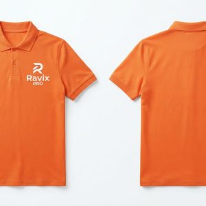 Custom Orange Polo with White Monogram – front and back view, custom manufactured by Ravix Pro Industry, Sialkot