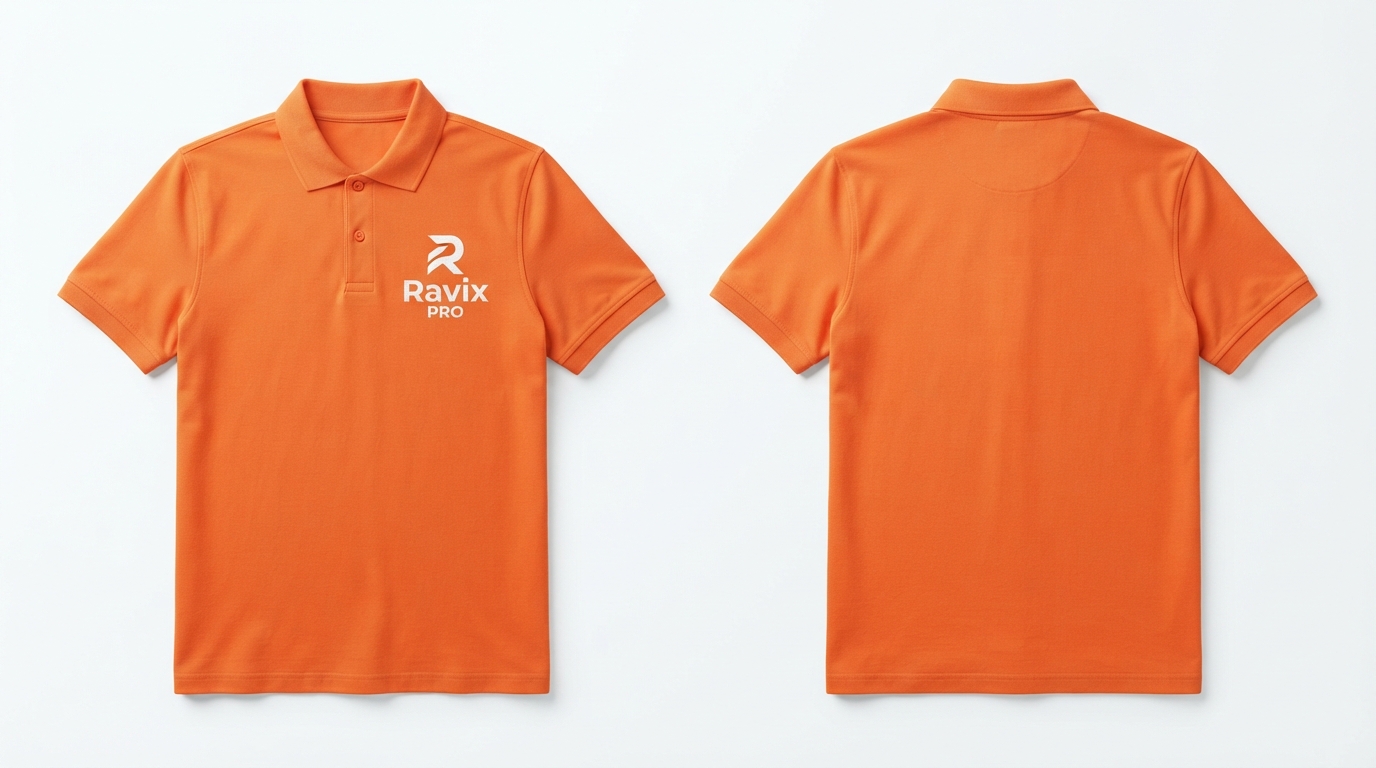 Custom Orange Polo with White Monogram Custom Orange Polo with White Monogram – front and back view, custom manufactured by Ravix Pro Industry, Sialkot