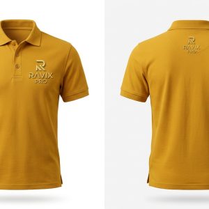 Custom Mustard Polo with Tonal Embroidered Logo – front and back view, custom manufactured by Ravix Pro Industry, Sialkot