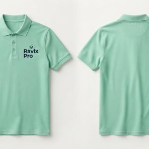 Custom Mint Polo with Navy Wordmark – front and back view, custom manufactured by Ravix Pro Industry, Sialkot