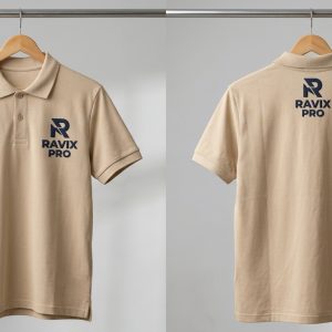 Custom Beige Polo with Navy Logo Front and Back – front and back view, custom manufactured by Ravix Pro Industry, Sialkot