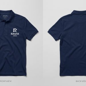 Custom Navy Polo with White Chest Monogram – front and back view, custom manufactured by Ravix Pro Industry, Sialkot
