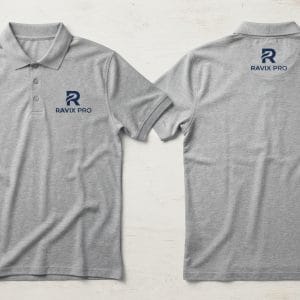 Custom Grey Polo Shirt with Embroidered Logo – front and back view, custom manufactured by Ravix Pro Industry, Sialkot