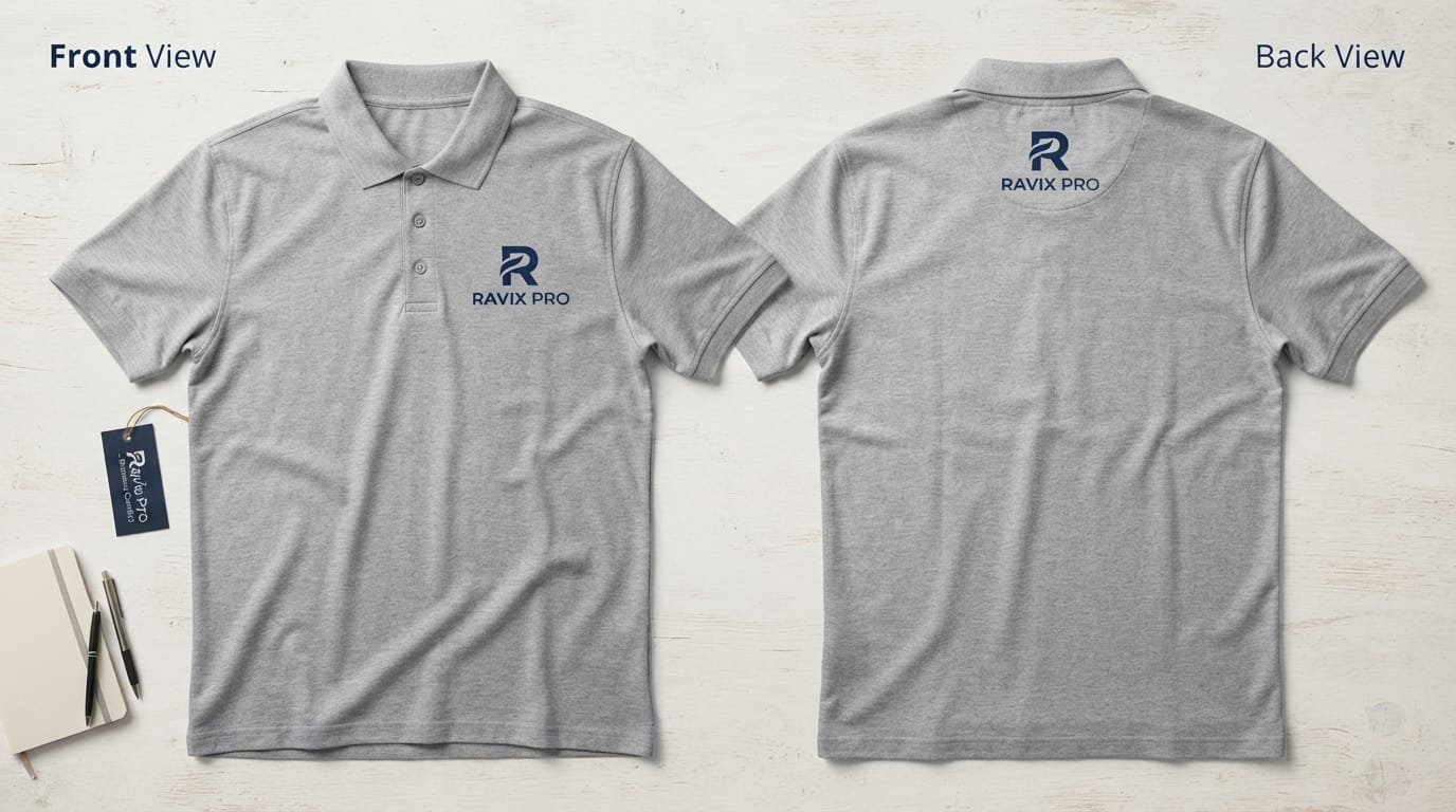 Custom Grey Polo Shirt with Embroidered Logo Custom Grey Polo Shirt with Embroidered Logo – front and back view, custom manufactured by Ravix Pro Industry, Sialkot