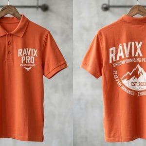 Custom Burnt Orange Polo Shirt with Mountain Back Print – front and back view, custom manufactured by Ravix Pro Industry, Sialkot