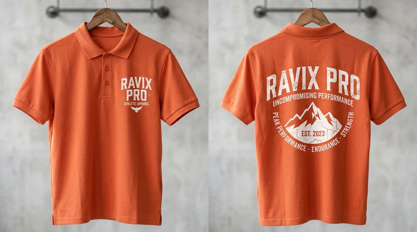 Custom Burnt Orange Polo Shirt with Mountain Back Print Custom Burnt Orange Polo Shirt with Mountain Back Print – front and back view, custom manufactured by Ravix Pro Industry, Sialkot