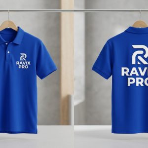 Custom Royal Blue Polo with White Back Logo – front and back view, custom manufactured by Ravix Pro Industry, Sialkot