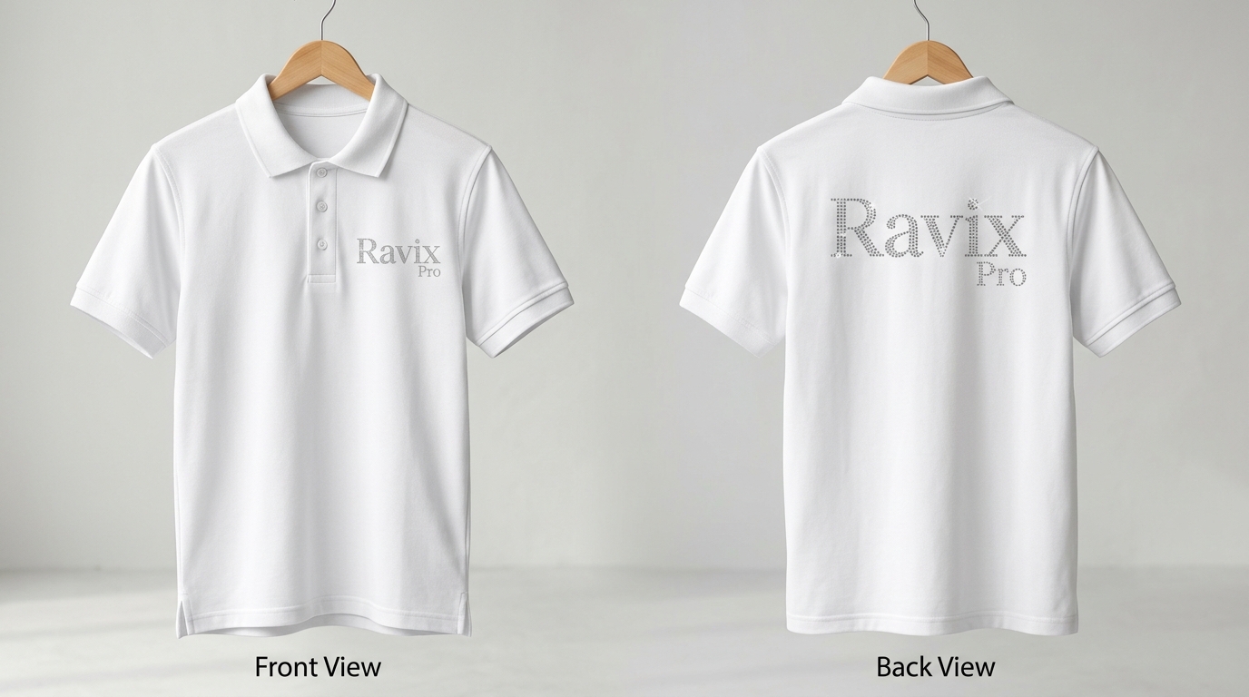 Custom White Polo with Grey Script Logo Custom White Polo with Grey Script Logo – front and back view, custom manufactured by Ravix Pro Industry, Sialkot