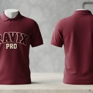 Custom Maroon Polo with Collegiate Chest Print – front and back view, custom manufactured by Ravix Pro Industry, Sialkot
