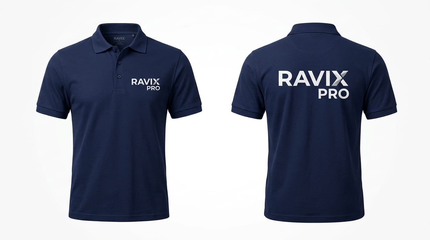Custom Navy Polo Shirt with Back Logo Custom Navy Polo Shirt with Back Logo – front and back view, custom manufactured by Ravix Pro Industry, Sialkot