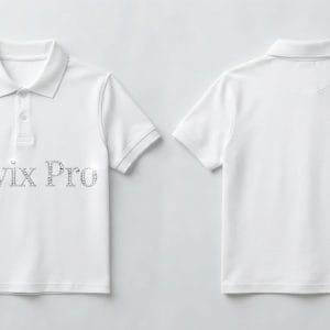 Custom White Polo Shirt with Debossed Logo – front and back view, custom manufactured by Ravix Pro Industry, Sialkot