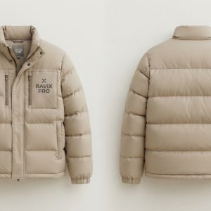 Custom Beige Puffer Jacket with Woven Patch – front and back view, custom manufactured by Ravix Pro Industry, Sialkot