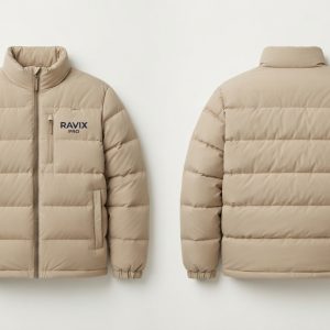 Custom Tan Puffer Jacket with Chest Patch – front and back view, custom manufactured by Ravix Pro Industry, Sialkot