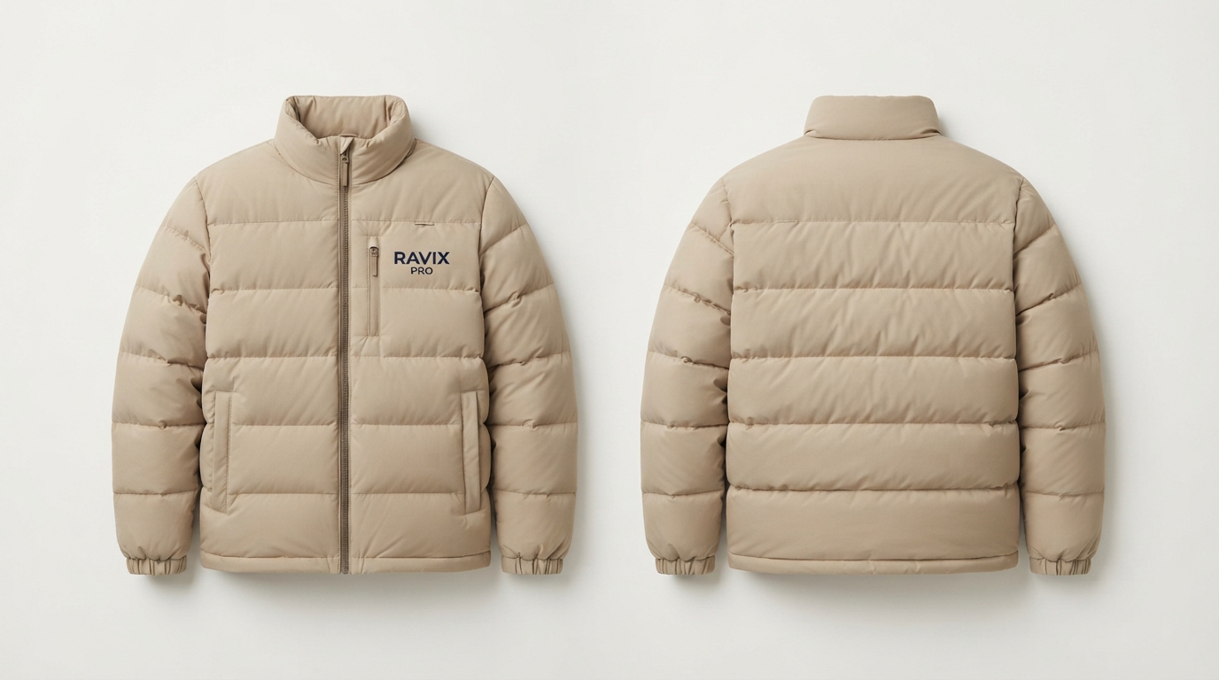 Custom Tan Puffer Jacket with Chest Patch Custom Tan Puffer Jacket with Chest Patch – front and back view, custom manufactured by Ravix Pro Industry, Sialkot