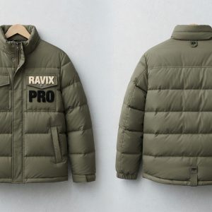 Custom Olive Puffer with Chenille Chest Patch – front and back view, custom manufactured by Ravix Pro Industry, Sialkot