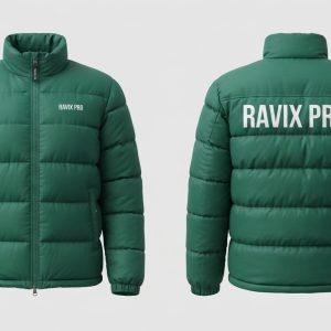Custom Green Puffer Jacket with Bold Back Print – front and back view, custom manufactured by Ravix Pro Industry, Sialkot
