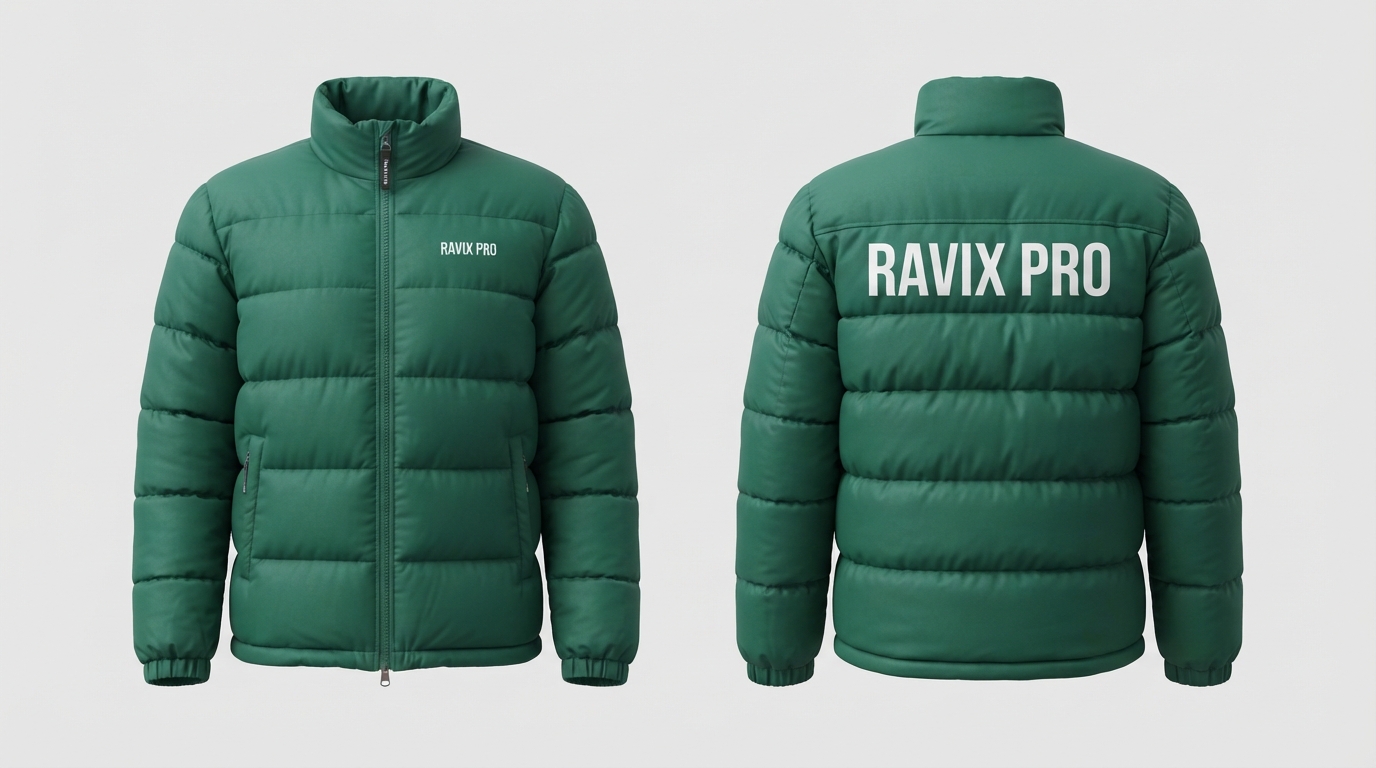 Custom Green Puffer Jacket with Bold Back Print Custom Green Puffer Jacket with Bold Back Print – front and back view, custom manufactured by Ravix Pro Industry, Sialkot