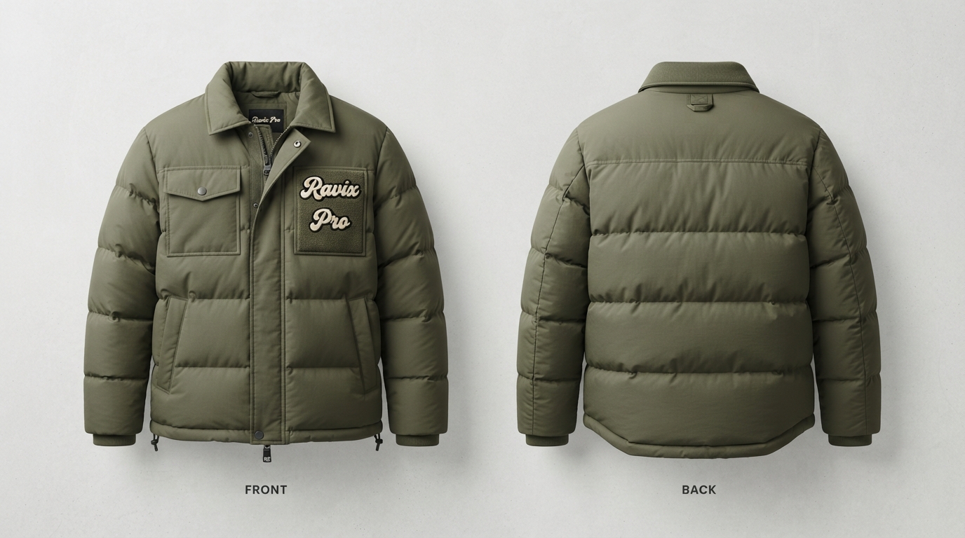 Custom Olive Puffer Jacket with Embroidered Script Custom Olive Puffer Jacket with Embroidered Script – front and back view, custom manufactured by Ravix Pro Industry, Sialkot