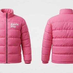 Custom Pink Puffer Jacket with White Chest Logo – front and back view, custom manufactured by Ravix Pro Industry, Sialkot