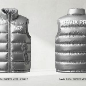 Custom Metallic Silver Puffer Vest with Back Logo – front and back view, custom manufactured by Ravix Pro Industry, Sialkot