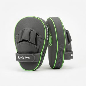 Custom Grey and Lime Focus Mitts – front and back view, custom manufactured by Ravix Pro Industry, Sialkot