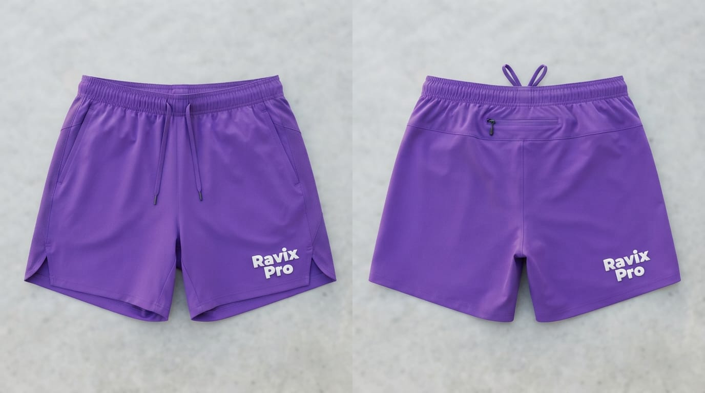 Custom Purple Athletic Training Shorts with Leg Logo Custom Purple Athletic Training Shorts with Leg Logo – front and back view, custom manufactured by Ravix Pro Industry, Sialkot