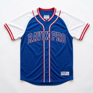 Custom Royal Blue and White Baseball Jersey with Red Trims – front and back view, custom manufactured by Ravix Pro Industry, Sialkot