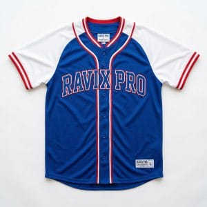 Custom Button-Down Baseball Jersey – Royal Blue – front and back view, custom manufactured by Ravix Pro Industry, Sialkot