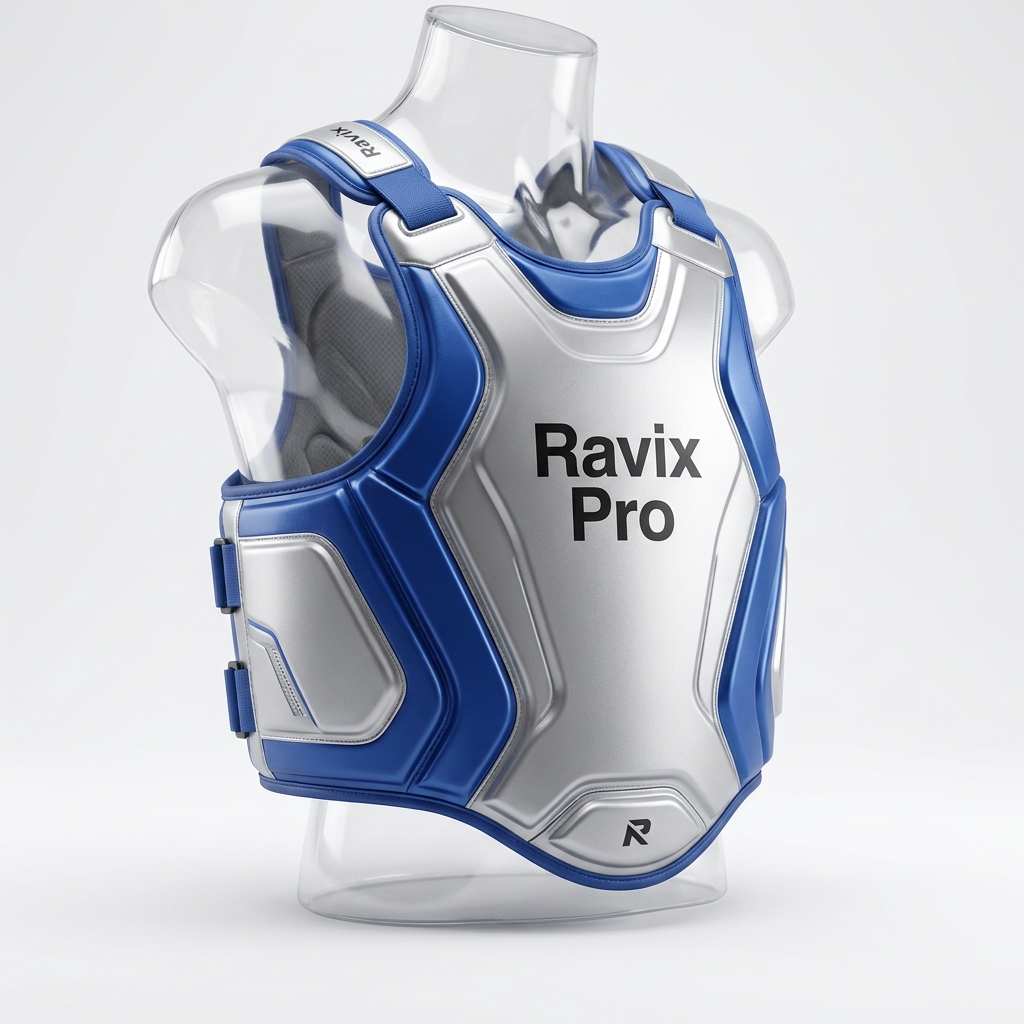 Custom Blue and White Body Protector Custom Blue and White Body Protector – front and back view, custom manufactured by Ravix Pro Industry, Sialkot
