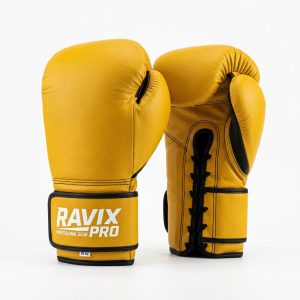 Custom Yellow Lace-Up Boxing Gloves – front and back view, custom manufactured by Ravix Pro Industry, Sialkot