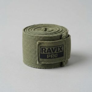 Custom Olive Boxing Hand Wraps – front and back view, custom manufactured by Ravix Pro Industry, Sialkot