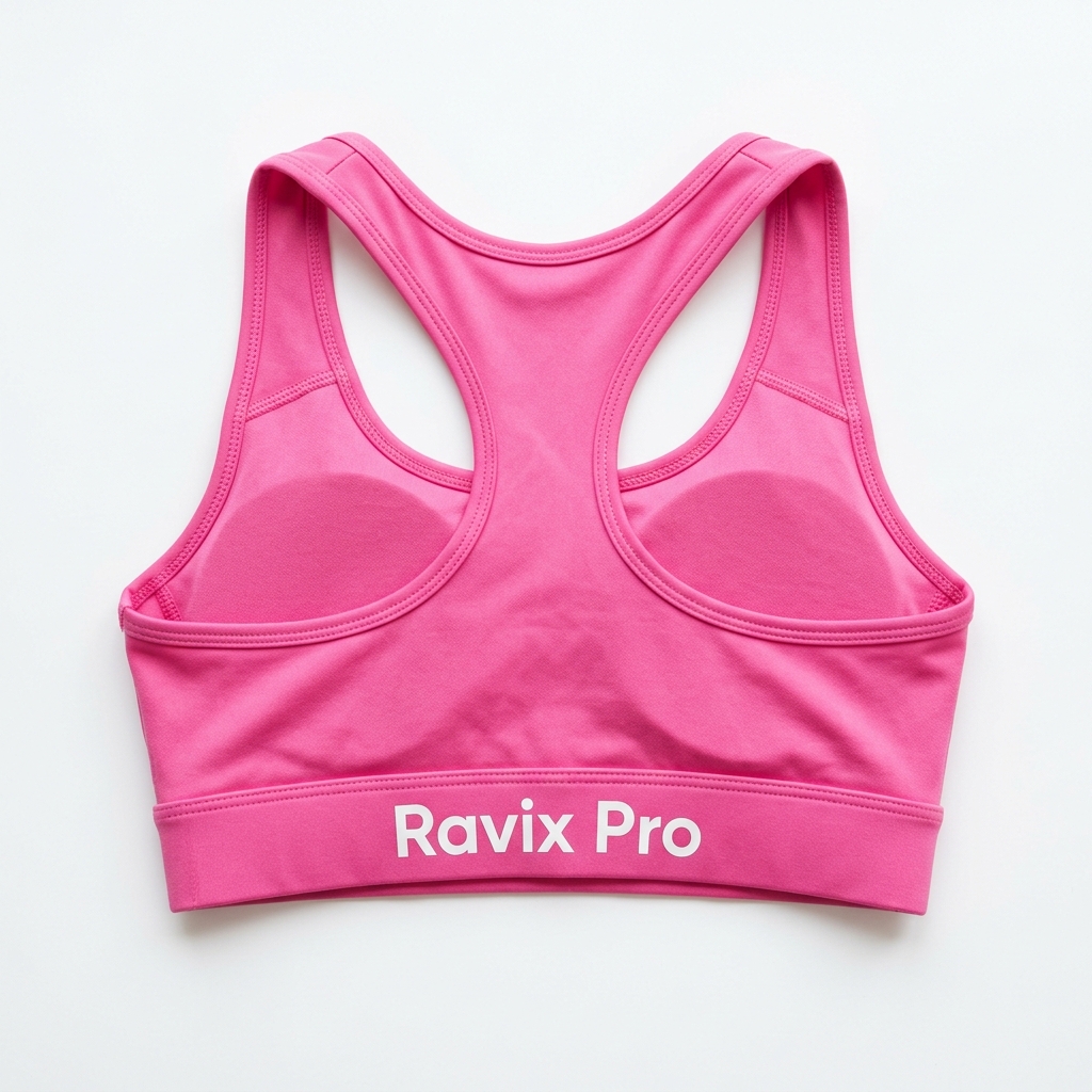 Custom Hot Pink Racerback Sports Bra Custom Hot Pink Racerback Sports Bra – front and back view, custom manufactured by Ravix Pro Industry, Sialkot