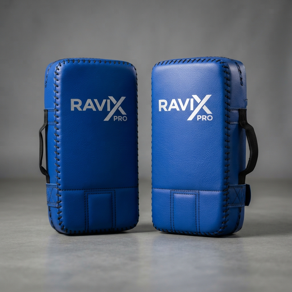 Custom Royal Blue Thai Kick Pads Custom Royal Blue Thai Kick Pads – front and back view, custom manufactured by Ravix Pro Industry, Sialkot