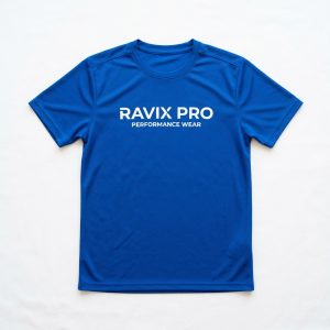 Custom Royal Blue Performance Tee with Tagline – front and back view, custom manufactured by Ravix Pro Industry, Sialkot