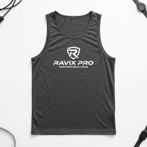 Custom Charcoal Performance Tank with Shield Logo – front and back view, custom manufactured by Ravix Pro Industry, Sialkot