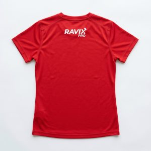 Custom Red Women's Training Tee with Back Logo – front and back view, custom manufactured by Ravix Pro Industry, Sialkot