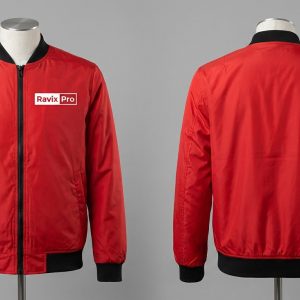 Custom Red Bomber with Box Logo – front and back view, custom manufactured by Ravix Pro Industry, Sialkot
