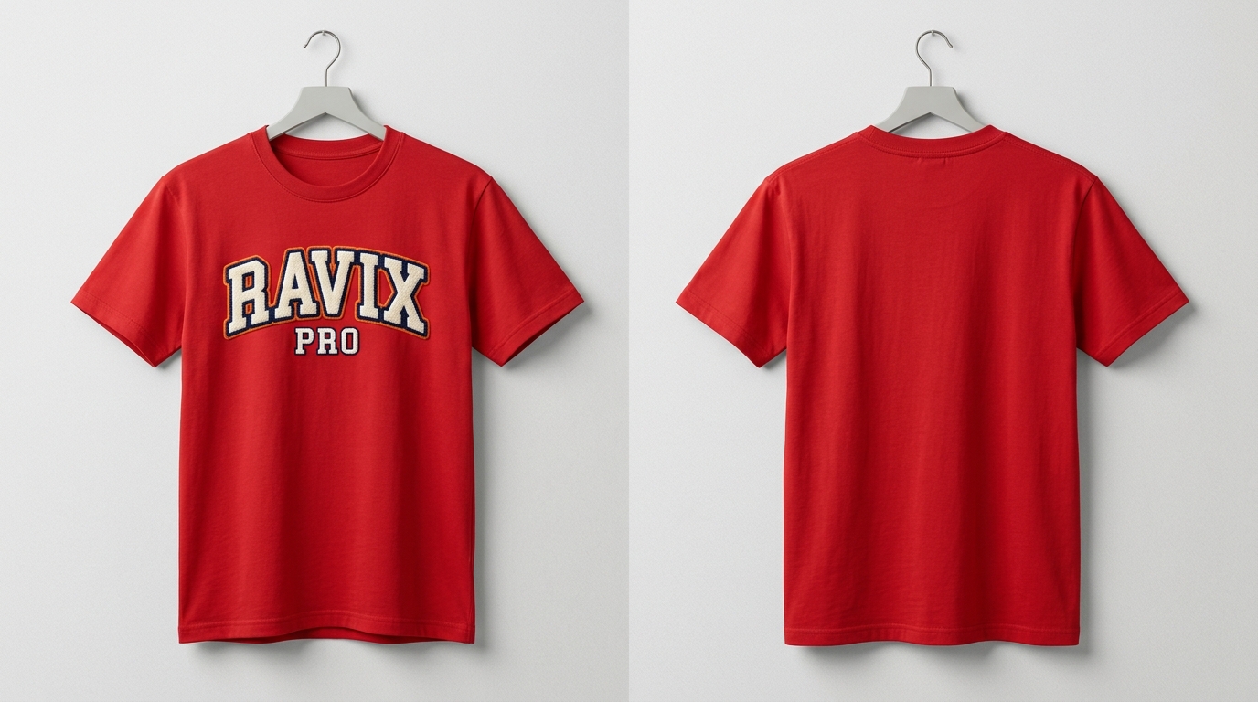 Custom Red Tee with Collegiate Cream Print Custom Red Tee with Collegiate Cream Print – front and back view, custom manufactured by Ravix Pro Industry, Sialkot