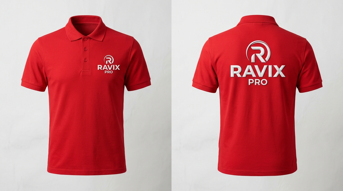 Custom Red Polo with Large Back Logo Custom Red Polo with Large Back Logo – front and back view, custom manufactured by Ravix Pro Industry, Sialkot