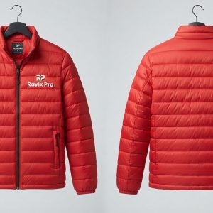 Custom Red Lightweight Puffer Jacket – front and back view, custom manufactured by Ravix Pro Industry, Sialkot