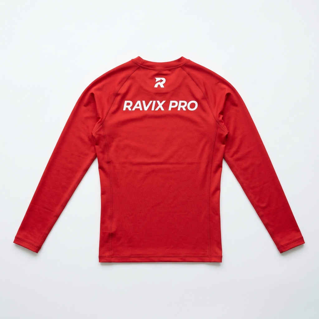 Custom Red Long Sleeve Training Top with Back Logo Custom Red Long Sleeve Training Top with Back Logo – front and back view, custom manufactured by Ravix Pro Industry, Sialkot