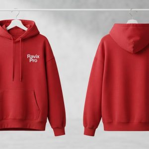 Custom Red Pullover Hoodie with Chest Logo – front and back view, custom manufactured by Ravix Pro Industry, Sialkot