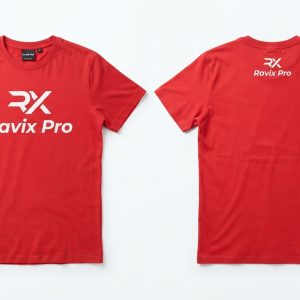 Custom Red Tee with RX Monogram Logo – front and back view, custom manufactured by Ravix Pro Industry, Sialkot