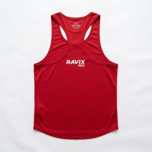 Custom Red Racerback Training Tank – front and back view, custom manufactured by Ravix Pro Industry, Sialkot