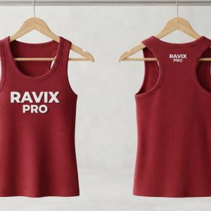 Custom Red Racerback Tank with White Print – front and back view, custom manufactured by Ravix Pro Industry, Sialkot