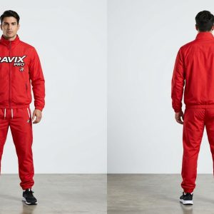 Custom Red Tracksuit with White Chest Logo – front and back view, custom manufactured by Ravix Pro Industry, Sialkot