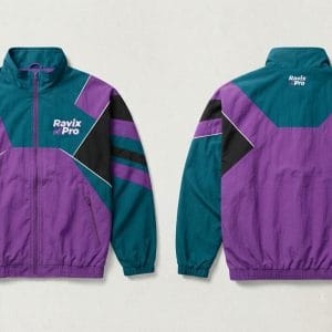 Custom Retro 90s Colour-Block Windbreaker Jacket – front and back view, custom manufactured by Ravix Pro Industry, Sialkot